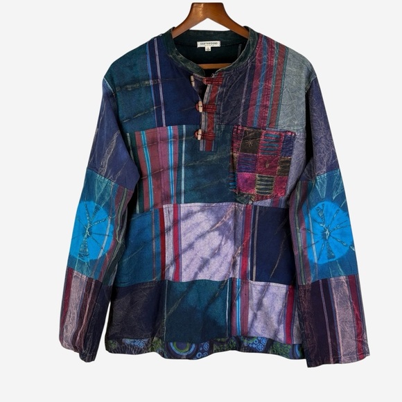 Earthbound Trading Overdyed Patchwork Toggle Henley Cotton Pullover Mens Size L - Picture 2 of 14